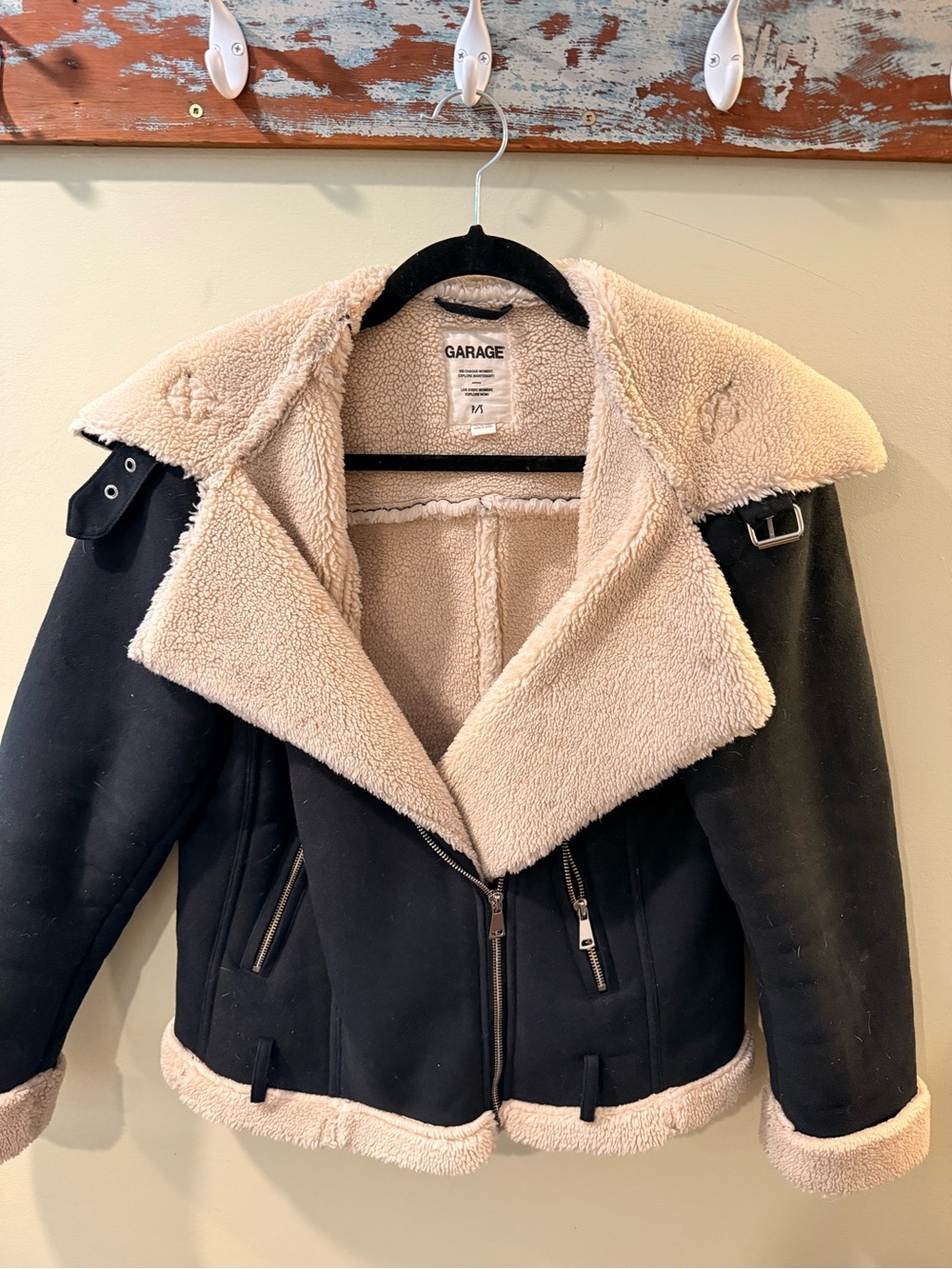 Garage Black Teddy Aviator Jacket with Cream Faux Shearling
